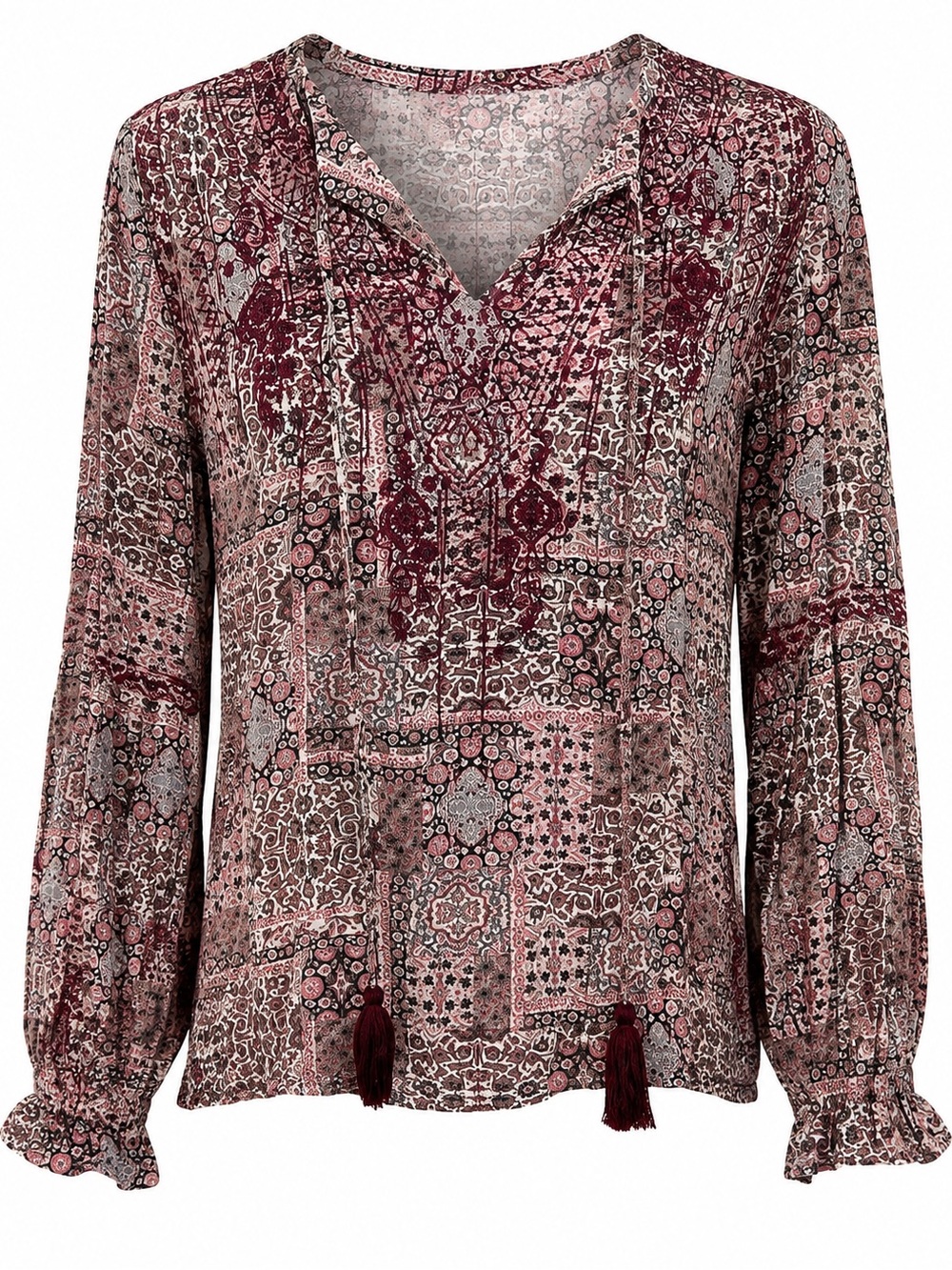 Knox Rose Boho Blouse - Burgundy and Taupe